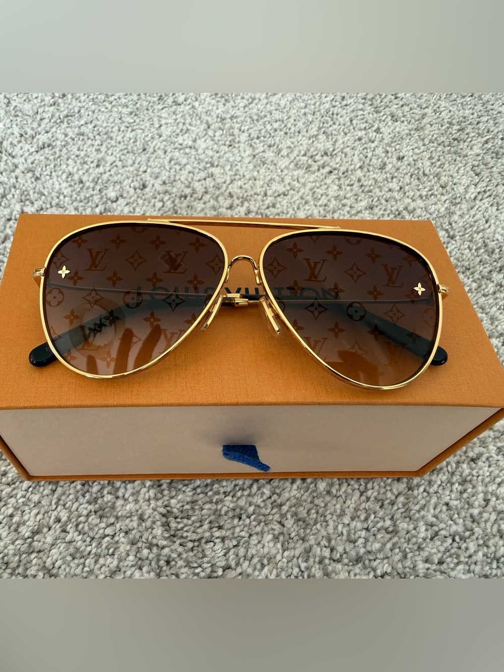 Louis Vuitton Gold Pilot Aviator Sunglasses with Brown Monogram Lenses